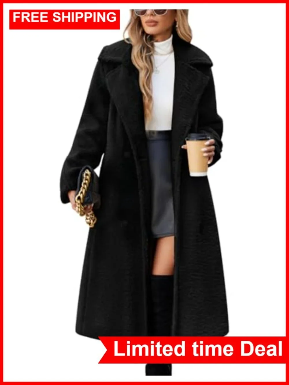 Faux Fur Double-Breasted Long Coat Oversized Winter Overcoat